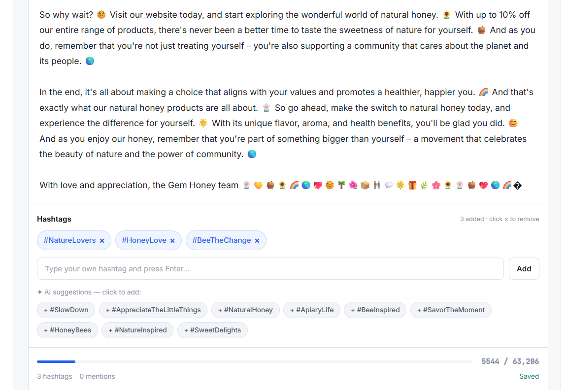 ZealReach interface showing a generated Instagram post with a panel of 12 auto-generated hashtags alongside it