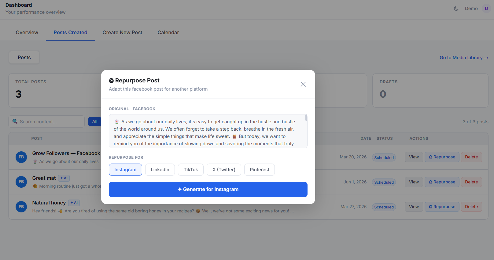 ZealReach showing an original Facebook post on the left and a rewritten LinkedIn version on the right