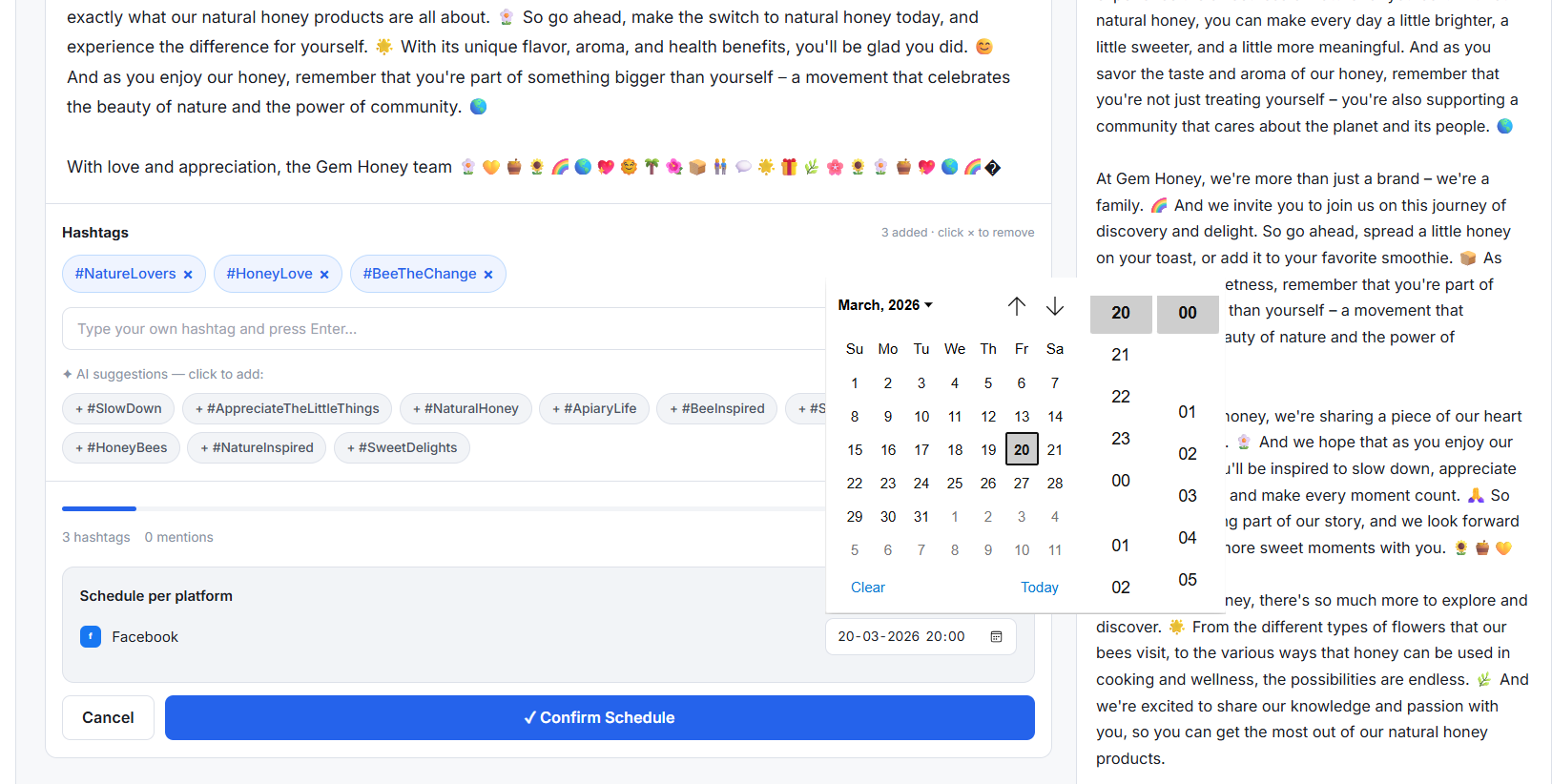 ZealReach content calendar showing posts scheduled across multiple days with platform icons and status badges
