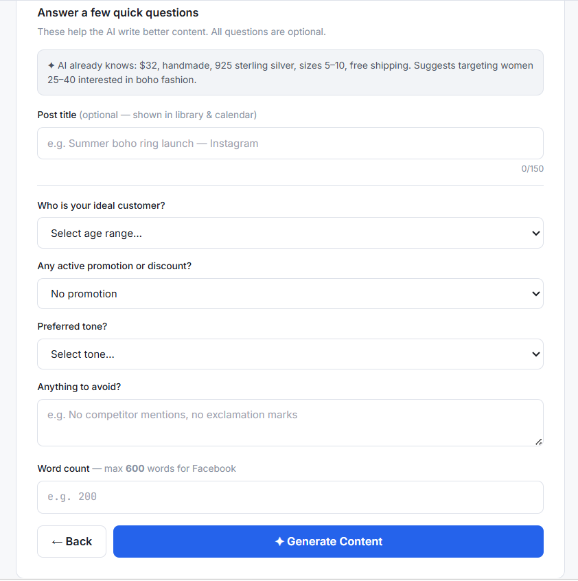 ZealReach post editor showing tone selector, word count input, and optional fields for audience and promotion