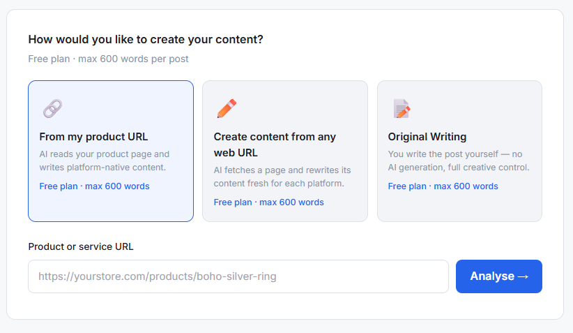 ZealReach dashboard showing a product URL being pasted and an AI-generated post appearing instantly